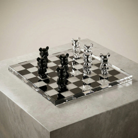 GLASS CHESS SET WITH BEAR FIGURES