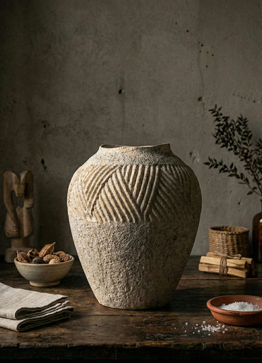 STONEWARE VASE WITH GEOMETRIC RELIEF