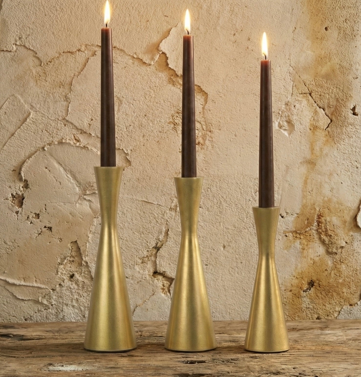 SET OF 3 CONICAL BRASS TAPER HOLDERS