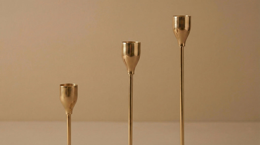 THREE GOLD METAL TAPER HOLDERS SET