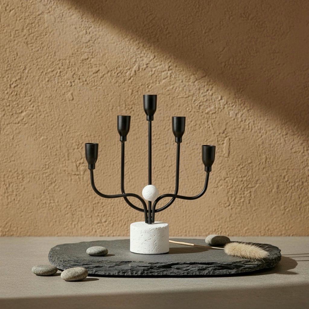 FIVE-ARM IRON CANDELABRA WITH TEXTURED BASE