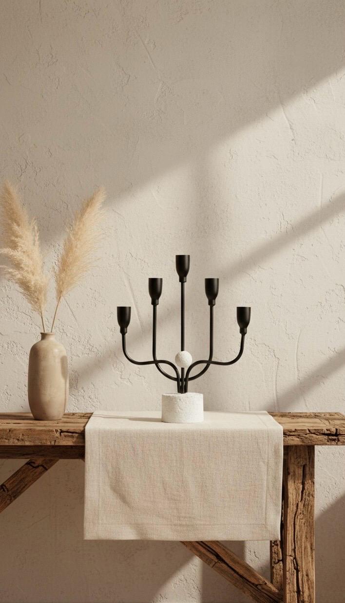 FIVE-ARM IRON CANDELABRA WITH TEXTURED BASE